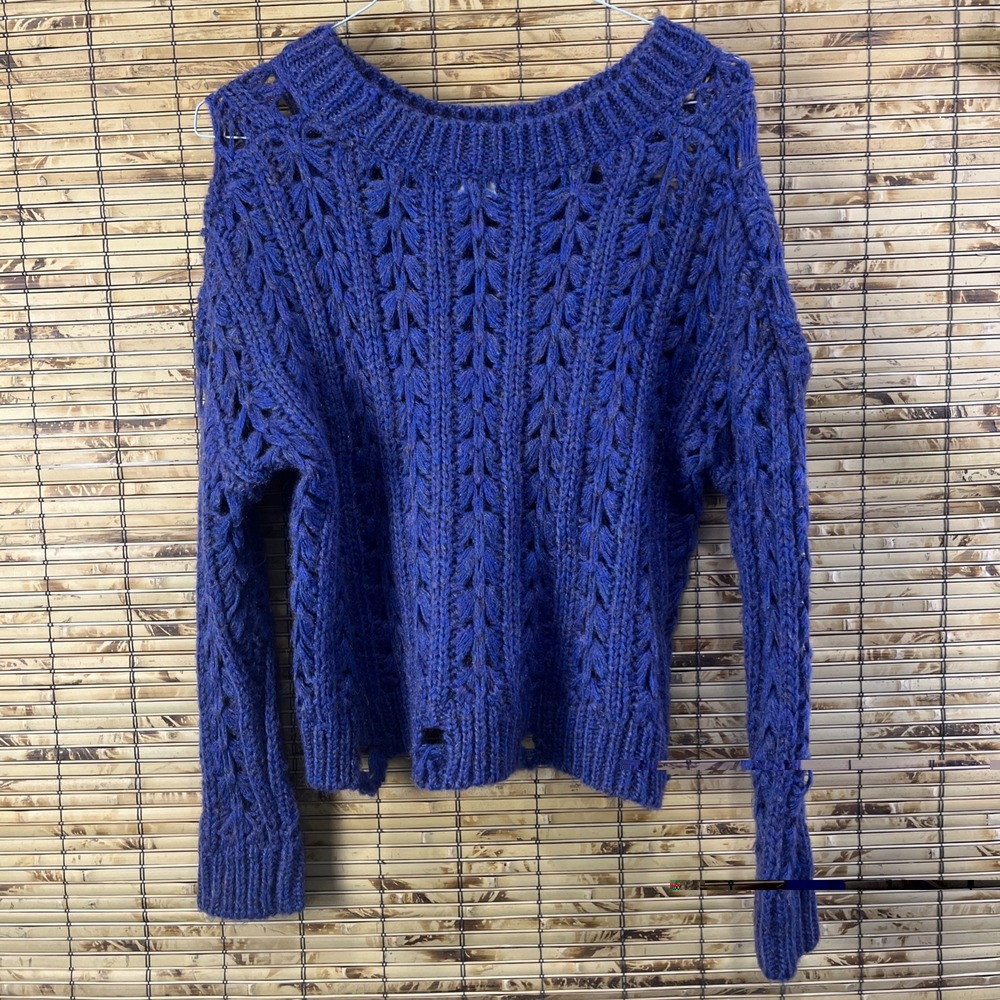 Altar'd State Cropped Distressed Cable‎ Knit Sweater Sz S Cobalt Metallic Grunge